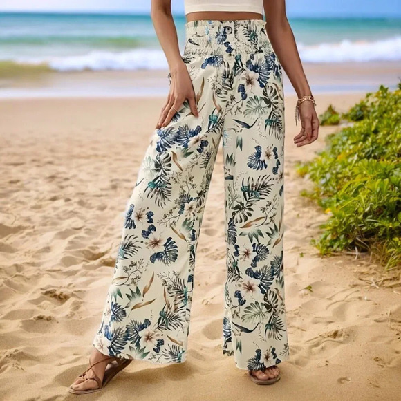 π2XL Floral Print High Waist Wide-Leg Spring Summer Beach Pants Boho Chic Style - Picture 7 of 9
